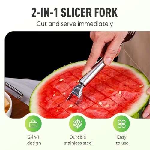 Watermelon Fork Slicer Cutter, Stainless Steel 2-in-1 Fruit Tool, Dual Head Forks for Home Kitchen, Summer Cooking Essen