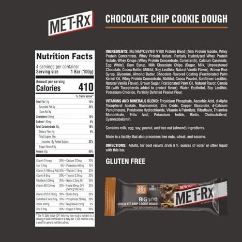 MET-Rx Big 100 Colossal Protein Bars Chocolate Chip Cookie Dough for Men and Women at the Gym or at Home, High Protein S